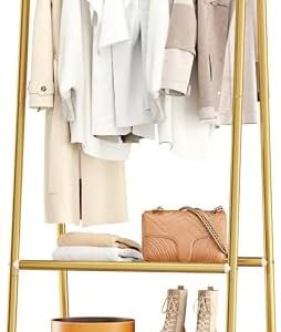 JOISCOPE Gold Metal Clothes Rack, Sturdy and Portable, with Double Layer Shelf for Hanging and Storing Clothes, Shoes, Bags, Umbrellas, Bedroom, Office, Living Room