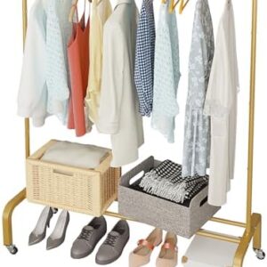 JIUYOTREE Metal Clothing Rack with Wheels 43.3 Inches Rolling Clothes Garment Coat Rack with Bottom Shelf Clothing Rack for Hanging Clothes Coats Skirts Shirts Sweaters Gold