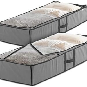 Zober Under Bed Storage - Pack of 2 Under Bed Storage Containers for Clothes, Blankets, Winter Clothing, & Shoes - Under The Bed Storage with Handles, Dual Zippers, & Clear Top (Gray)