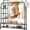JOISCOPE Double Rods Portable Garment Rack for Hanging clothes, 49 * 66 Inch Metal Clothing Rack with Bottom Shelves and 4 Hooks,Freestanding Clothes Rack for Bedroom,Space Saving, Black