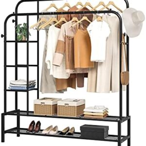 JOISCOPE Double Rods Portable Garment Rack for Hanging clothes, 49 * 66 Inch Metal Clothing Rack with Bottom Shelves and 4 Hooks,Freestanding Clothes Rack for Bedroom,Space Saving, Black