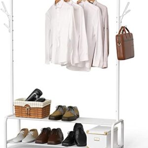 Simple Houseware Garment Rack with Storage Shelves and Coat/Hat Hanging Hooks, White