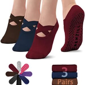 NEWZILL 2024 Non Slip Yoga Socks for Women, Grips Socks with Cushion for Pilates Barre Ballet Dance Hospital (3 Pairs)