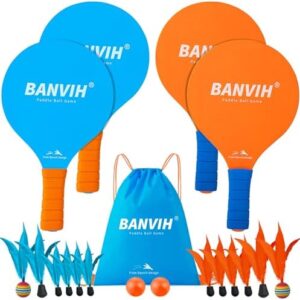 Banvih Badminton Set 4 Rackets, Paddle Ball Outdoor Games Activities Sports Toys, Perfect for Beach, Yard, Lawn, Camping, Great Gifts for Kids Teens Boys Adults and Family