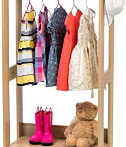 IRIS USA Open Wood Clothing Costume Garment Hanging Rack Armoire Wardrobe Dresser Organizer with Shoe Shelves and Side Hook, for Nursery, Kids Room, Closet, Dress-Up Center, Small Spaces, Light Brown