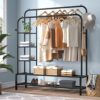 JOISCOPE Double Rods Portable Garment Rack for Hanging clothes, 49 * 66 Inch Metal Clothing Rack with Bottom Shelves and 4 Hooks,Freestanding Clothes Rack for Bedroom,Space Saving, Black - Image 2