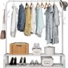 UDEAR Garment Rack Free-standing Clothes Rack with Top Rod,Lower Storage and 6 Hooks, White - Image 2