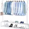 UDEAR Garment Rack Free-standing Clothes Rack with Top Rod,Lower Storage and 6 Hooks, White