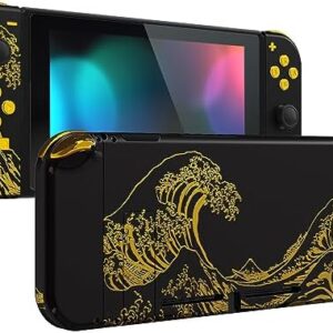 eXtremeRate DIY Replacement Shell Buttons for Nintendo Switch, Back Plate for Switch Console, Housing with Full Set Buttons for Joycon Handheld Controller - The Great Golden Wave Off Kanagawa - Black